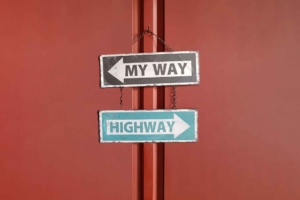 Two signs on a wall that say "my way" and "highway" pointing different directions