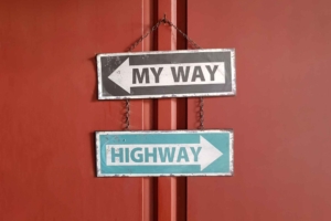Two signs on a wall that say "my way" and "highway" pointing different directions